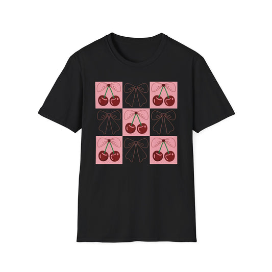 Charming Coquette Cherry Bow T-Shirt | Sweet Pink Aesthetic & Trendy Fruit Pattern Tee for Women