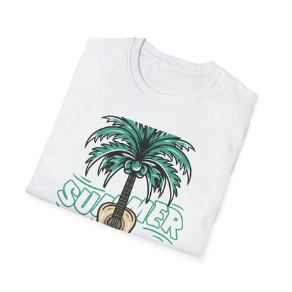Vibrant Summer Guitar T-Shirt: Cool Palm Tree & Acoustic Beach Tee | Essential Music Lover Vacation Shirt