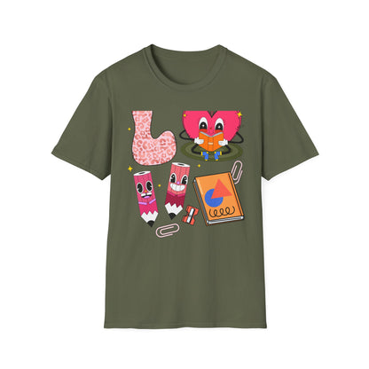 Groovy Leopard 'L' Back to School T-Shirt | Whimsical Reading Apple & Pencil Pals Tee | Fun Teacher Student Gift Idea