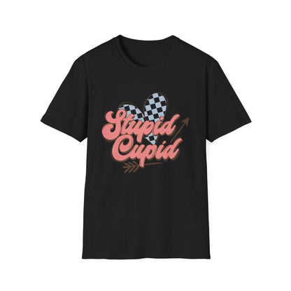 Stupid Cupid Retro T-Shirt | Sarcastic Anti-Valentine's Day Tee with Checkerboard Heart & Arrow | Funny Love Gift