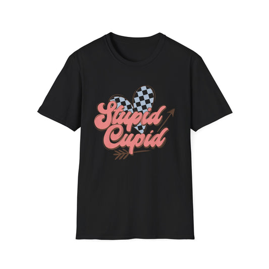 Stupid Cupid Retro T-Shirt | Sarcastic Anti-Valentine's Day Tee with Checkerboard Heart & Arrow | Funny Love Gift