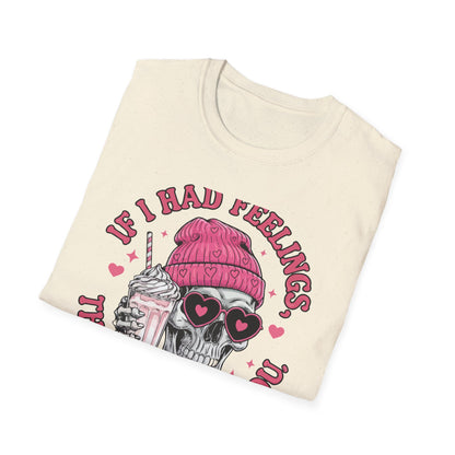 Sassy Skull Feelings T-Shirt - Trendy Pink Beanie & Heart Glasses Milkshake Tee | Funny Anti-Valentine's Edgy Humor Gift