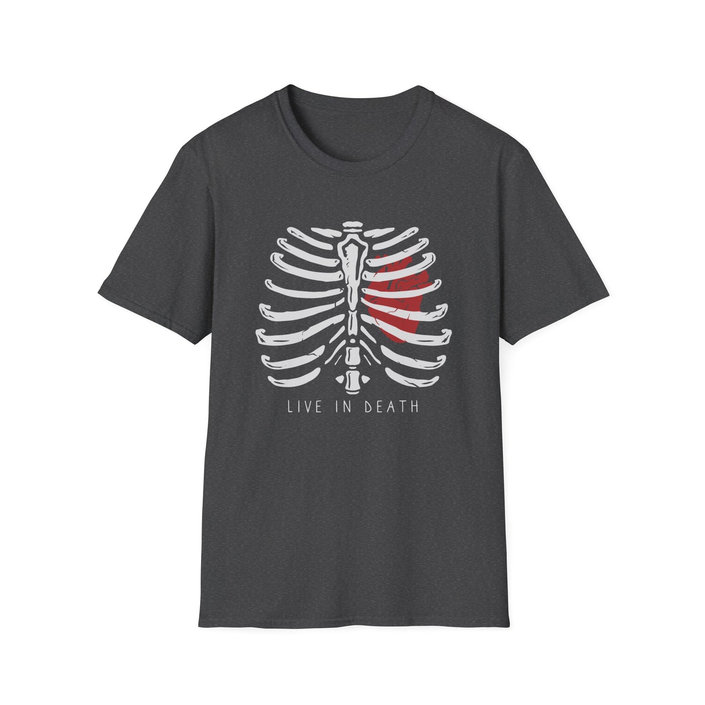 Striking "Live In Death" Skeleton Rib Cage & Red Heart T-Shirt | Unique Anatomical Goth Tee | Deep Meaning Statement Apparel