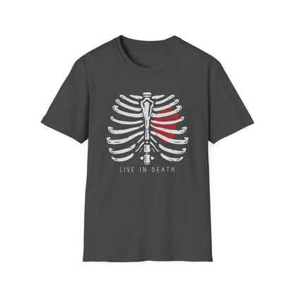 Striking "Live In Death" Skeleton Rib Cage & Red Heart T-Shirt | Unique Anatomical Goth Tee | Deep Meaning Statement Apparel