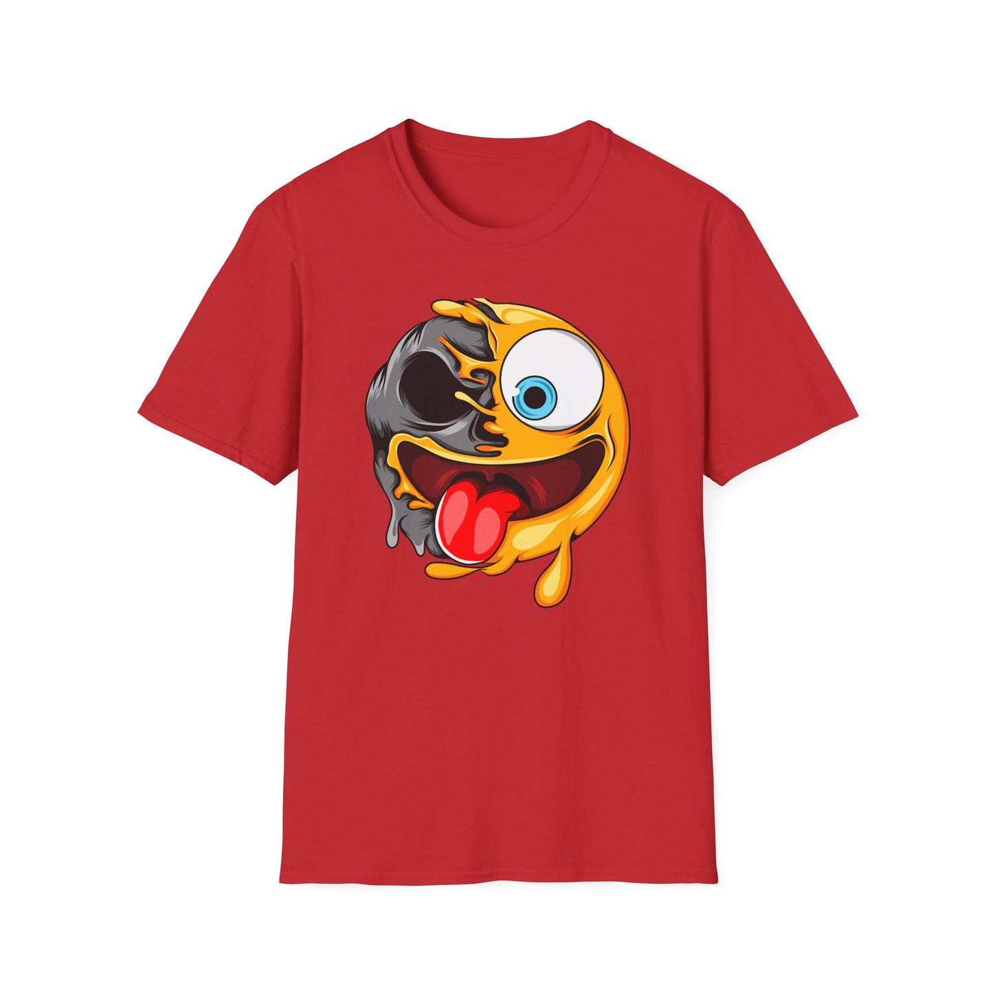 Unique Melting Skull Smiley Face T-Shirt - Vibrant Edgy Cartoon Graphic Tee for Pop Culture Fans