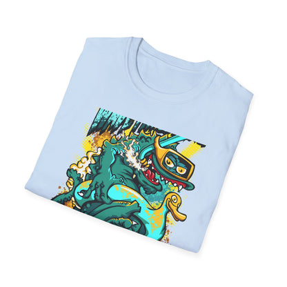 Epic 'WAVE I'M COMING' Monster T-Shirt - Hilarious Swimming Dragon & Duck Float Graphic Tee for Summer Fun & Beach Adventures