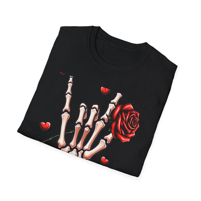 Unleash Your Dark Romance: 'Loved to Dead' Skeleton Rock Hand Rose T-Shirt | Edgy Gothic Valentine's Gift