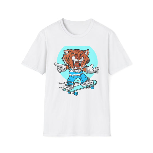 Rad Roaring Tiger Skateboard T-Shirt | Fierce Skater Mascot Graphic Tee for Extreme Style