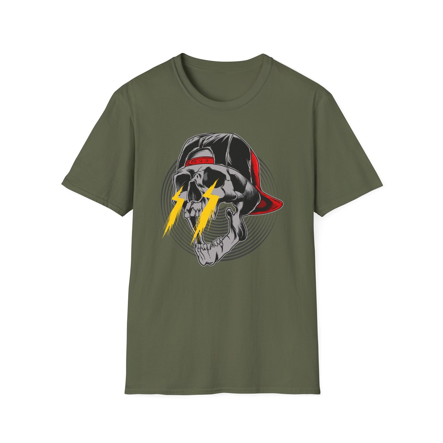 Electrifying Skull Baseball Cap T-Shirt | Edgy Urban Streetwear Tee for Rebels | Bold Graphic Design