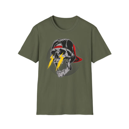 Electrifying Skull Baseball Cap T-Shirt | Edgy Urban Streetwear Tee for Rebels | Bold Graphic Design