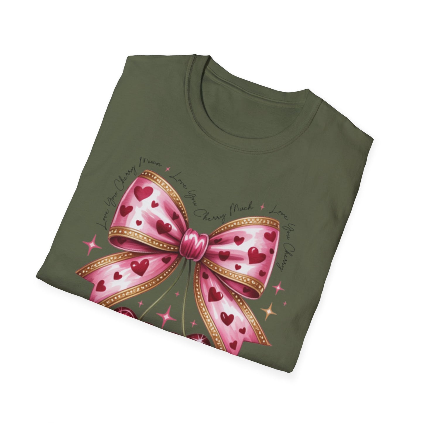 Chic Coquette Cherry Hearts Bow T-Shirt | Adorable Pink Romantic Aesthetic Tee | Sweet Valentine's Day Gift for Her