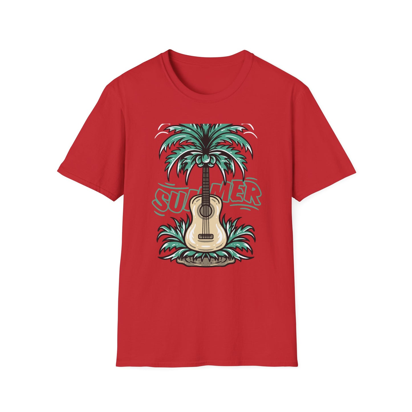 Vibrant Summer Guitar T-Shirt: Cool Palm Tree & Acoustic Beach Tee | Essential Music Lover Vacation Shirt
