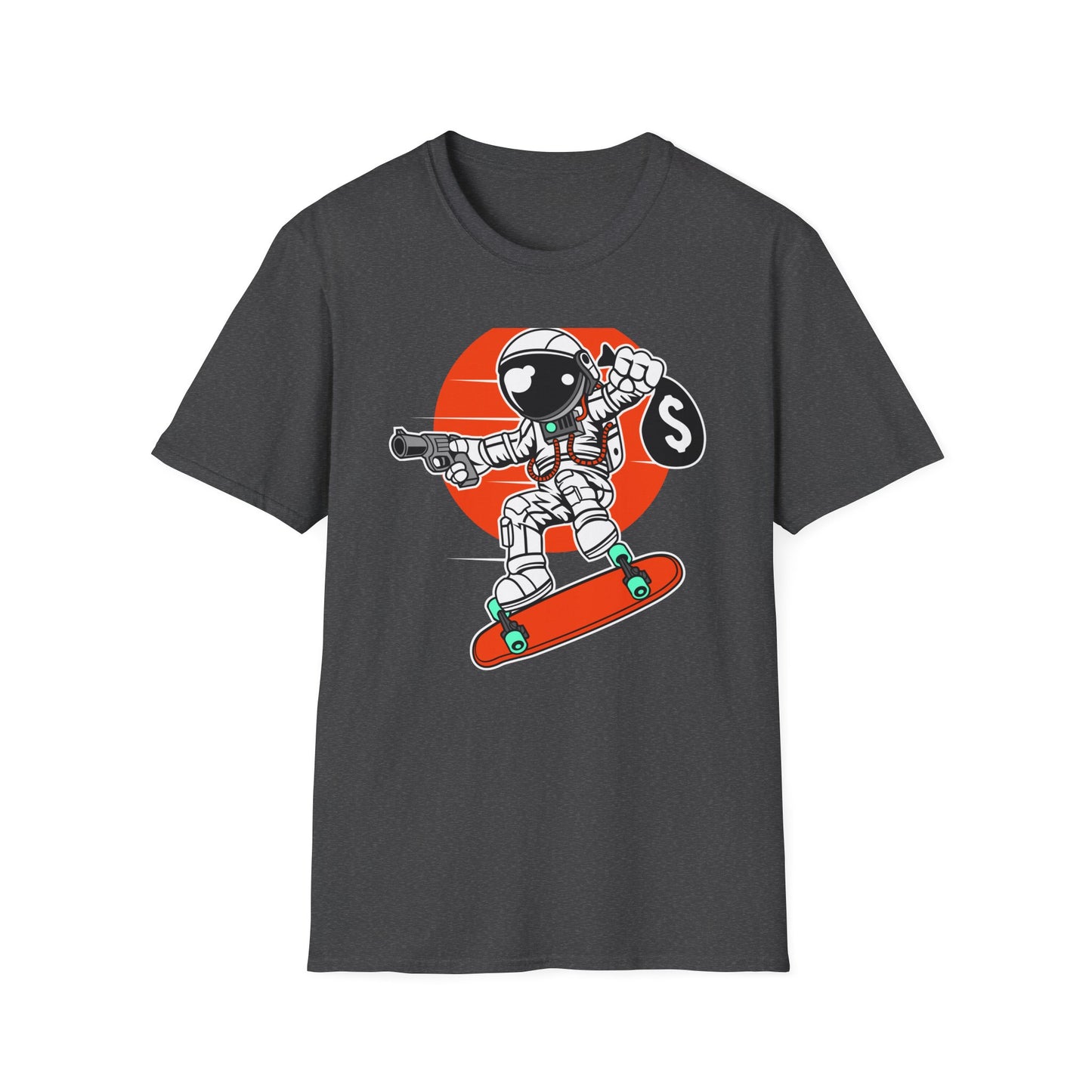 Epic Astronaut Skater T-Shirt: Cosmic Rebel with Cash & Gun | Unique Streetwear Space Outlaw Graphic Tee