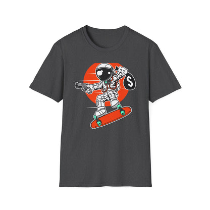 Epic Astronaut Skater T-Shirt: Cosmic Rebel with Cash & Gun | Unique Streetwear Space Outlaw Graphic Tee