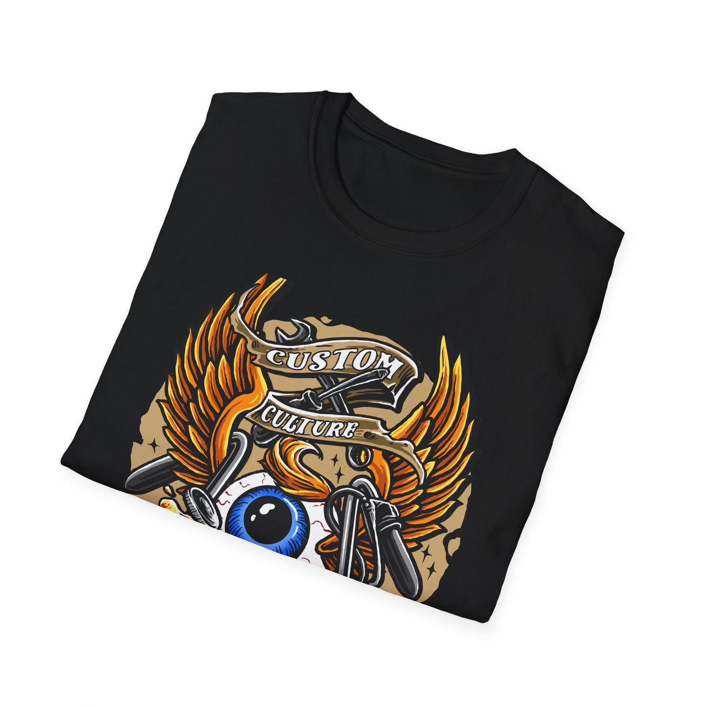 Epic Custom Culture T-Shirt | Bold Flaming Eye & Biker Wings Design | Unleash Your Rebel Spirit - Hot Rod Tee