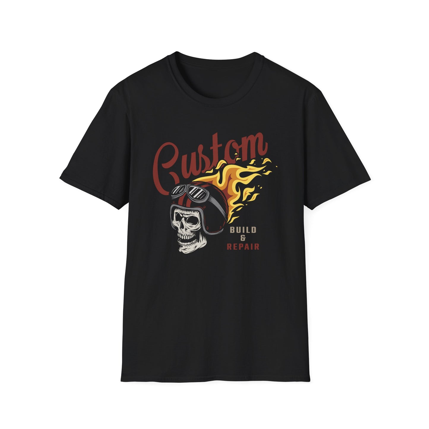 Custom Build & Repair T-Shirt | Vintage Biker Skull Flames Tee | Iconic Mechanic & Hot Rod Enthusiast Apparel
