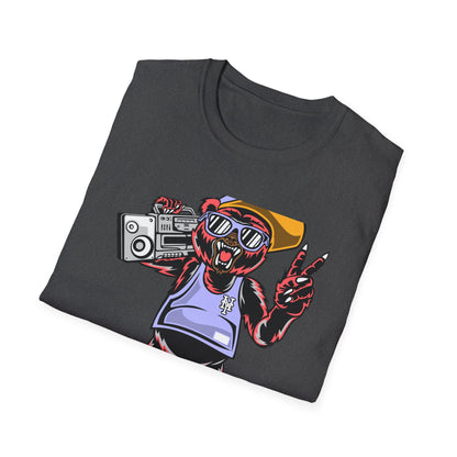 Rad Hip Hop Bear Boombox T-Shirt - Retro Street Style Graphic Tee for Music Lovers & 90s Fans