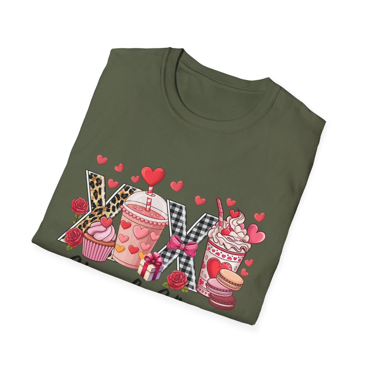 Chic Valentine's Day T-Shirt | Sweet Treats & Love Hearts Graphic Tee | Leopard Gingham Cupcake Macaron Frappuccino