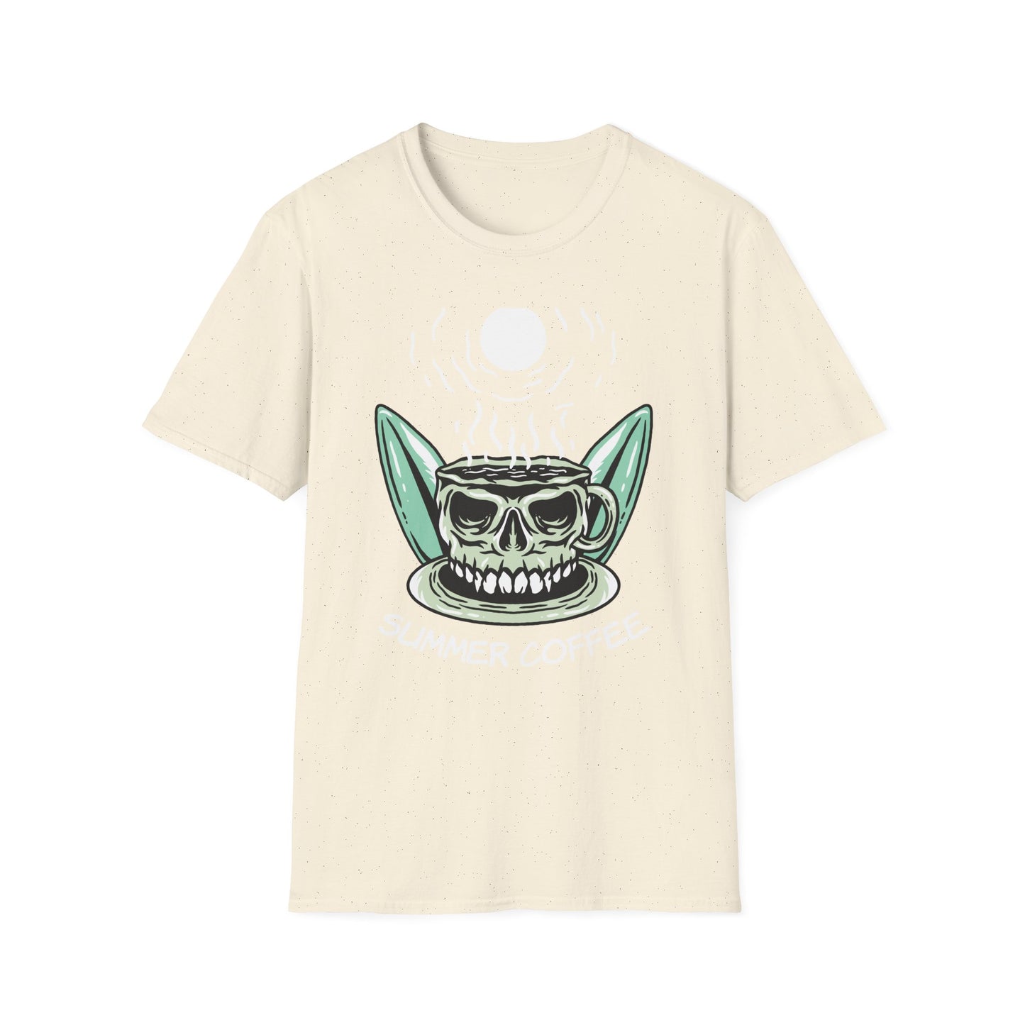 Skull Coffee Surfboard T-Shirt | Edgy Summer Beach Vibes Tee | Unique Design for Coffee Lovers & Surfers