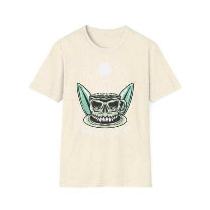 Skull Coffee Surfboard T-Shirt | Edgy Summer Beach Vibes Tee | Unique Design for Coffee Lovers & Surfers