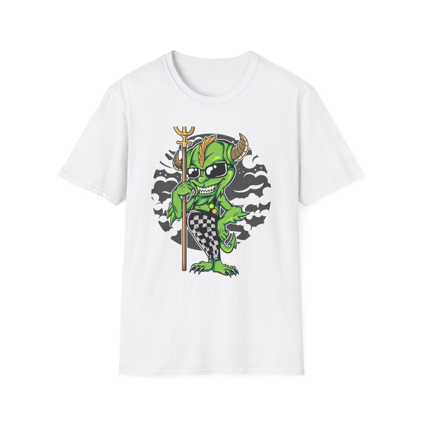 Wicked Mischievous Green Imp T-Shirt | Cool Cartoon Devil with Trident & Checkered Pants | Edgy Graphic Tee