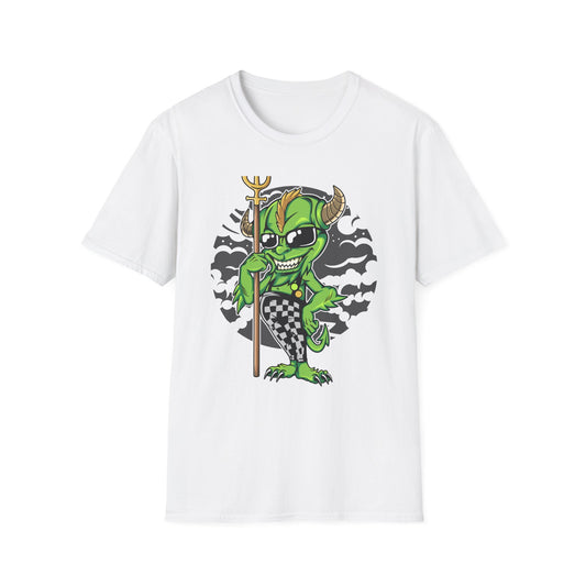 Wicked Mischievous Green Imp T-Shirt | Cool Cartoon Devil with Trident & Checkered Pants | Edgy Graphic Tee