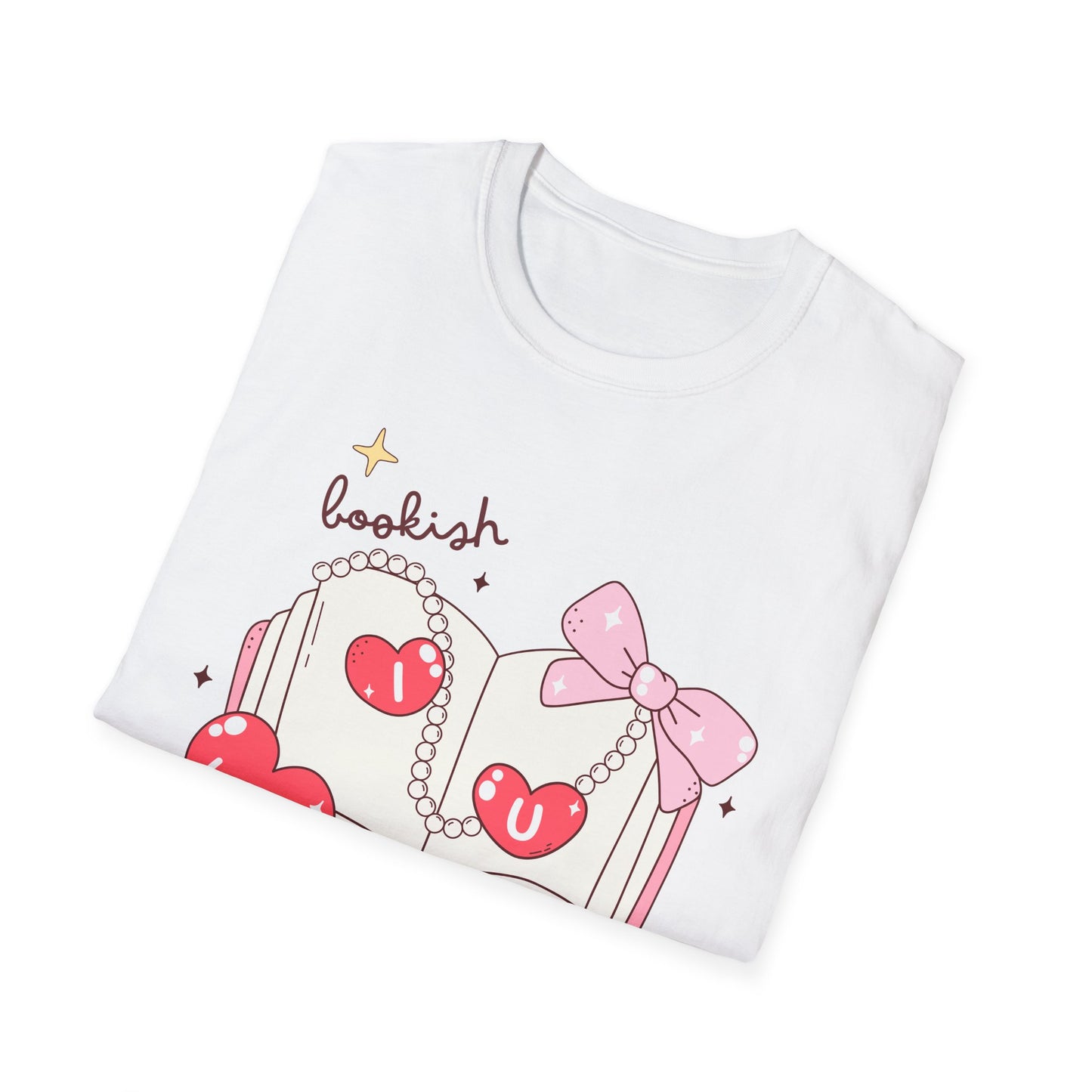 Sweet Bookish Girlie T-Shirt: 'I Love You' Hearts, Pearl Necklace & Pink Bow Design | Perfect Romantic Gift for Book Lovers