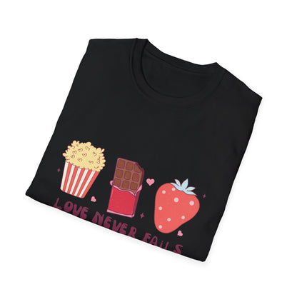 Delicious Retro Love Never Fails T-Shirt - Popcorn, Chocolate, Strawberry Snack Tee for Foodies & Romantics