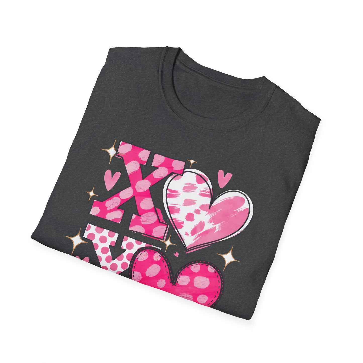 Sparkling XOXO Love Hearts T-Shirt | Chic Pink Polka Dot & Brushstroke Tee | Perfect Valentine's Day & Everyday Wear