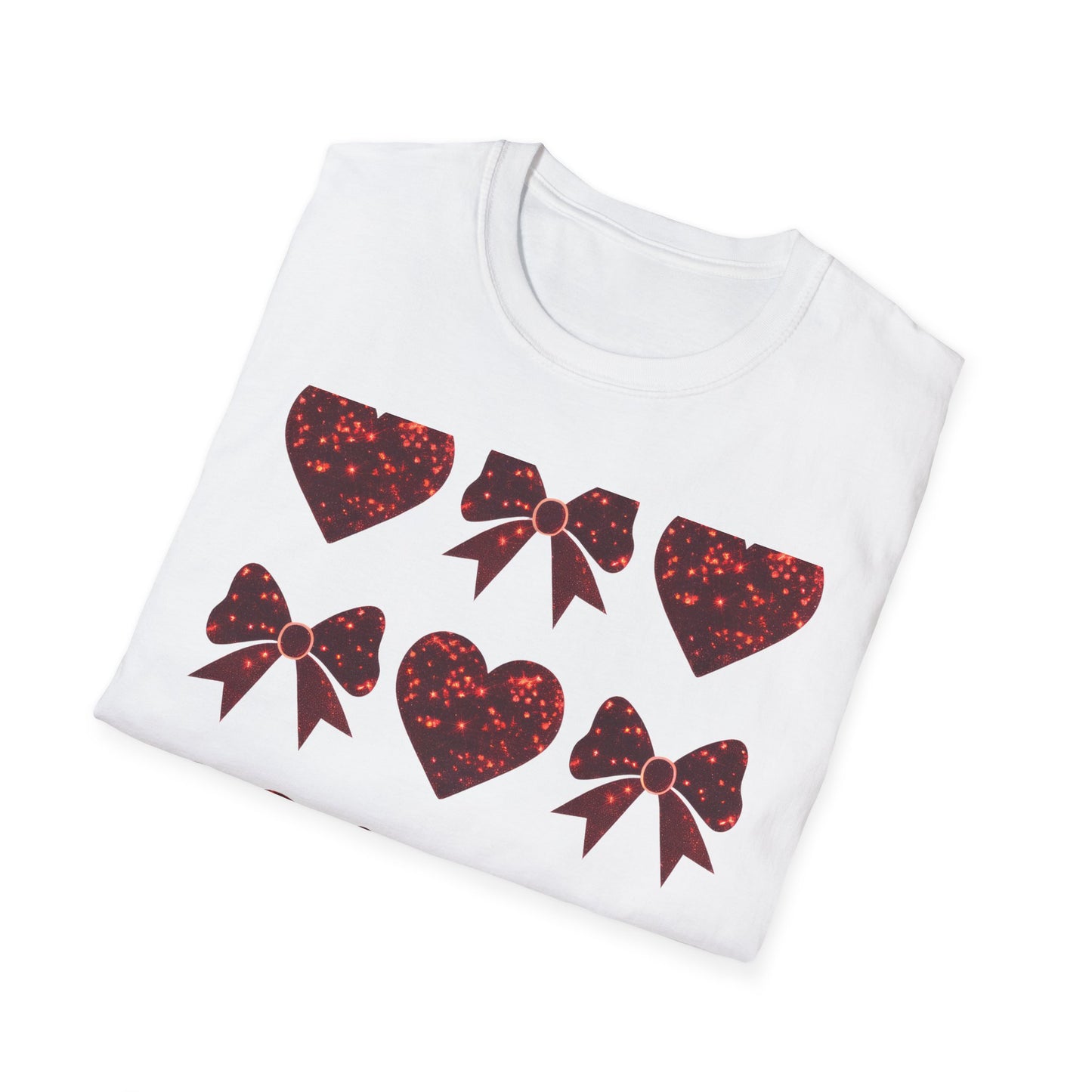 Dazzling Sparkle Hearts & Bows T-Shirt | Chic Glitter Love Tee for Women | Radiant Valentine's Day Gift