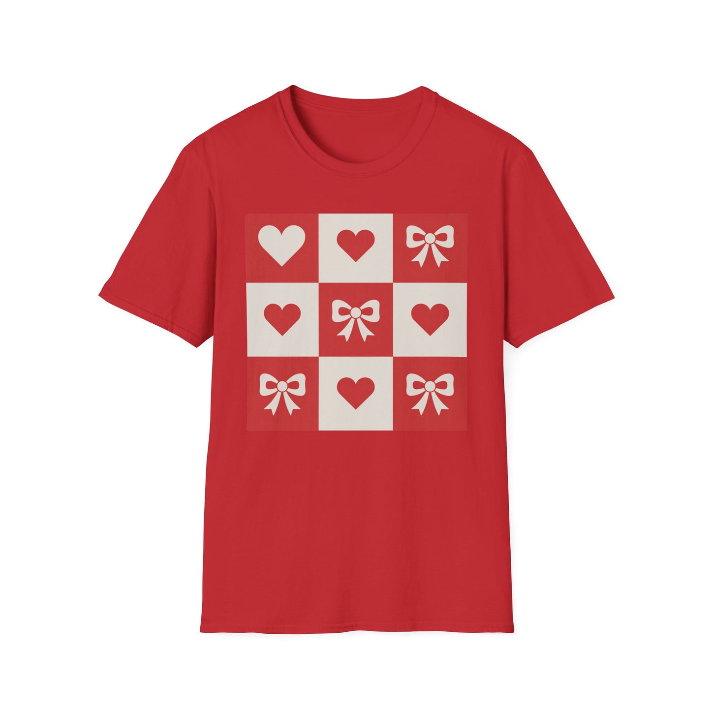 Charming Hearts & Bows Checkerboard T-Shirt | Sweet Love Pattern Tee | Perfect Valentine's Day Gift for Her