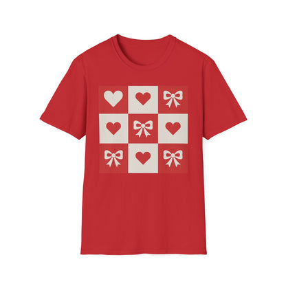 Charming Hearts & Bows Checkerboard T-Shirt | Sweet Love Pattern Tee | Perfect Valentine's Day Gift for Her