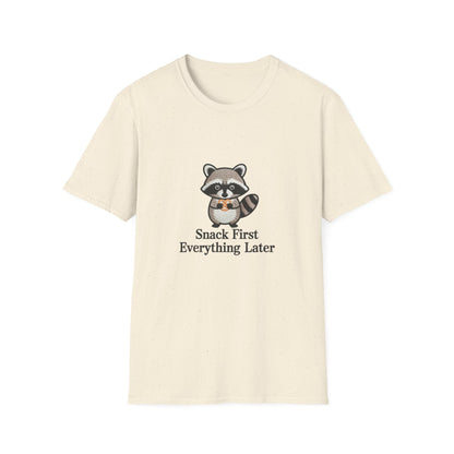 Cute Raccoon Pretzel T-Shirt - "Snack First Everything Later" Funny Foodie Animal Tee | Hilarious Comfort Lover Gift