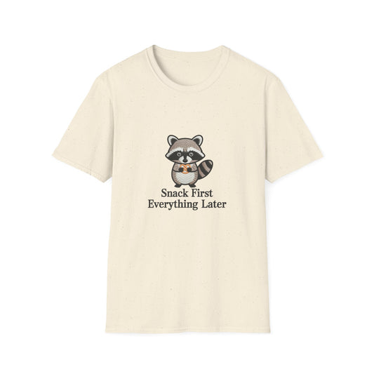Cute Raccoon Pretzel T-Shirt - "Snack First Everything Later" Funny Foodie Animal Tee | Hilarious Comfort Lover Gift