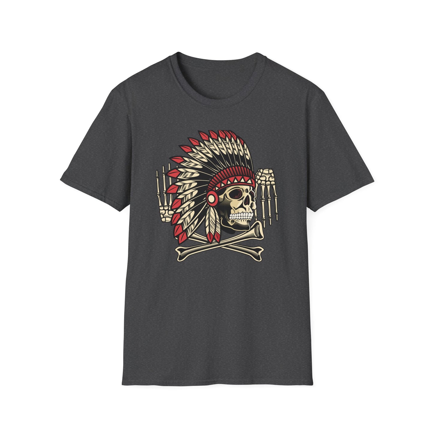 Striking Native Chief Skull Headdress T-Shirt - Unique Gothic Biker Tattoo Art Apparel for Rebel Souls