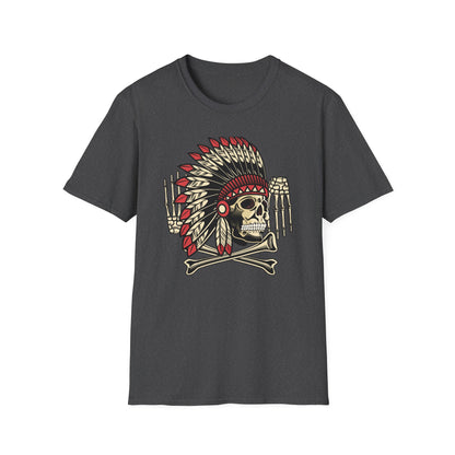 Striking Native Chief Skull Headdress T-Shirt - Unique Gothic Biker Tattoo Art Apparel for Rebel Souls