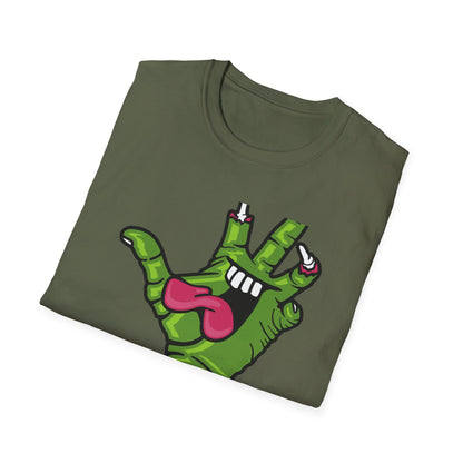 Groovy Zombie Hand T-Shirt with Smiling Monster Face | Spooky Halloween Rock On Tee | Creepy Fun Apparel
