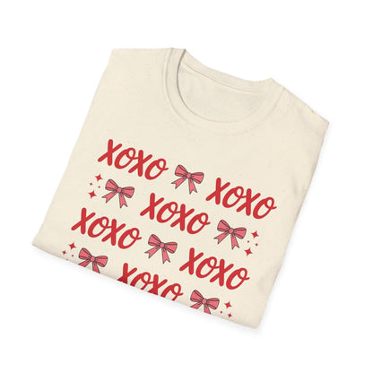 Adorable XOXO Bows & Sparkles T-Shirt | Sweet Hugs & Kisses Valentine's Day Tee for Women | Charming Romantic Gift