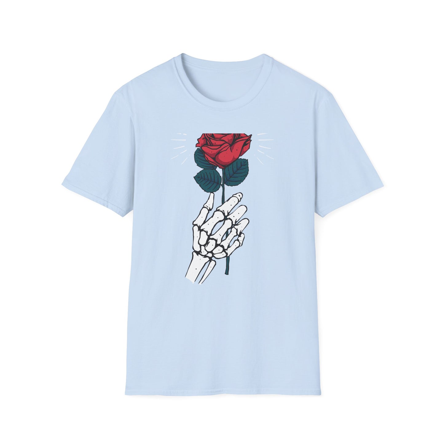 Striking Skeleton Hand Holding Rose T-Shirt | Unique Gothic Love Tee | Captivating Alt Fashion Top for Edgy Style