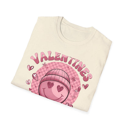 Sparkly Heart Eyes Smiley Valentines Vibes T-Shirt | Trendy Groovy Pink Love Tee for Her