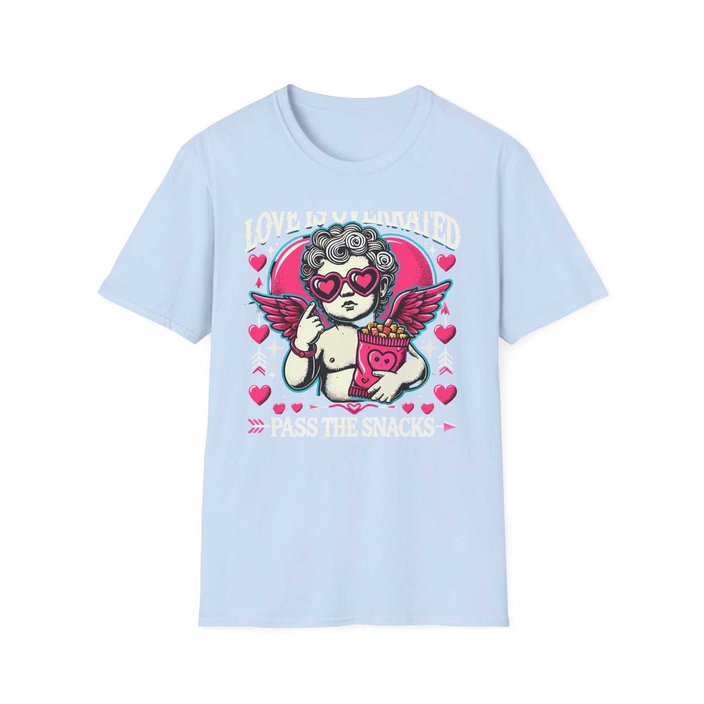 Hilarious 'Love Is Overrated Pass The Snacks' T-Shirt - Anti-Valentine's Day Cupid & Fries Tee. Perfect for Singles & Snack Lovers!