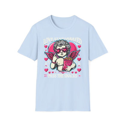 Hilarious 'Love Is Overrated Pass The Snacks' T-Shirt - Anti-Valentine's Day Cupid & Fries Tee. Perfect for Singles & Snack Lovers!