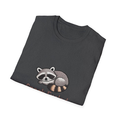 Adorable "Snack Fueled" Sleeping Raccoon T-Shirt | Cozy Animal Lover Tee | Hilarious Foodie Gift for Snack Enthusiasts