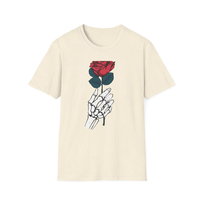 Striking Skeleton Hand Holding Rose T-Shirt | Unique Gothic Love Tee | Captivating Alt Fashion Top for Edgy Style