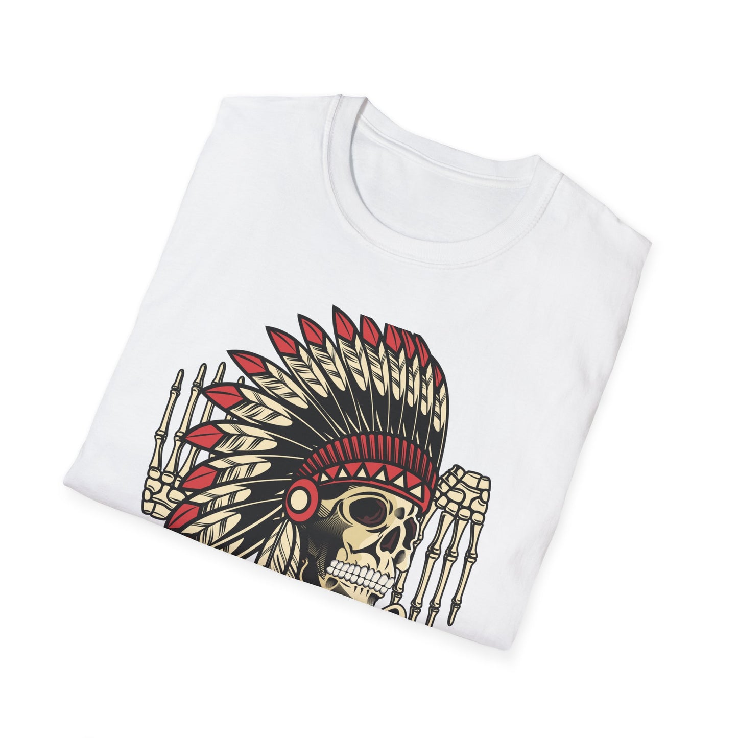 Striking Native Chief Skull Headdress T-Shirt - Unique Gothic Biker Tattoo Art Apparel for Rebel Souls