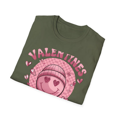 Sparkly Heart Eyes Smiley Valentines Vibes T-Shirt | Trendy Groovy Pink Love Tee for Her
