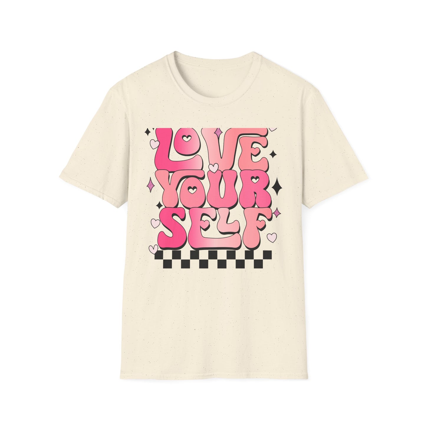 Groovy "Love Yourself" T-Shirt | Pink Retro Self-Love Tee with Hearts & Sparkles | Empowering & Chic Women's Affirmation Top