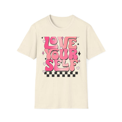 Groovy "Love Yourself" T-Shirt | Pink Retro Self-Love Tee with Hearts & Sparkles | Empowering & Chic Women's Affirmation Top