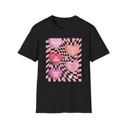 Groovy Conversation Hearts T-Shirt | Y2K Aesthetic Wavy Checkerboard Valentine's Day Tee | Adorable Retro Love Gift