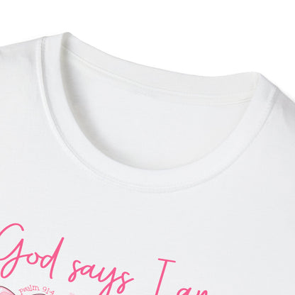Powerful "God Says I Am" Christian T-Shirt for Women | Inspiring Bible Verse & Pink Bows Tee | Empowering Faith Gift